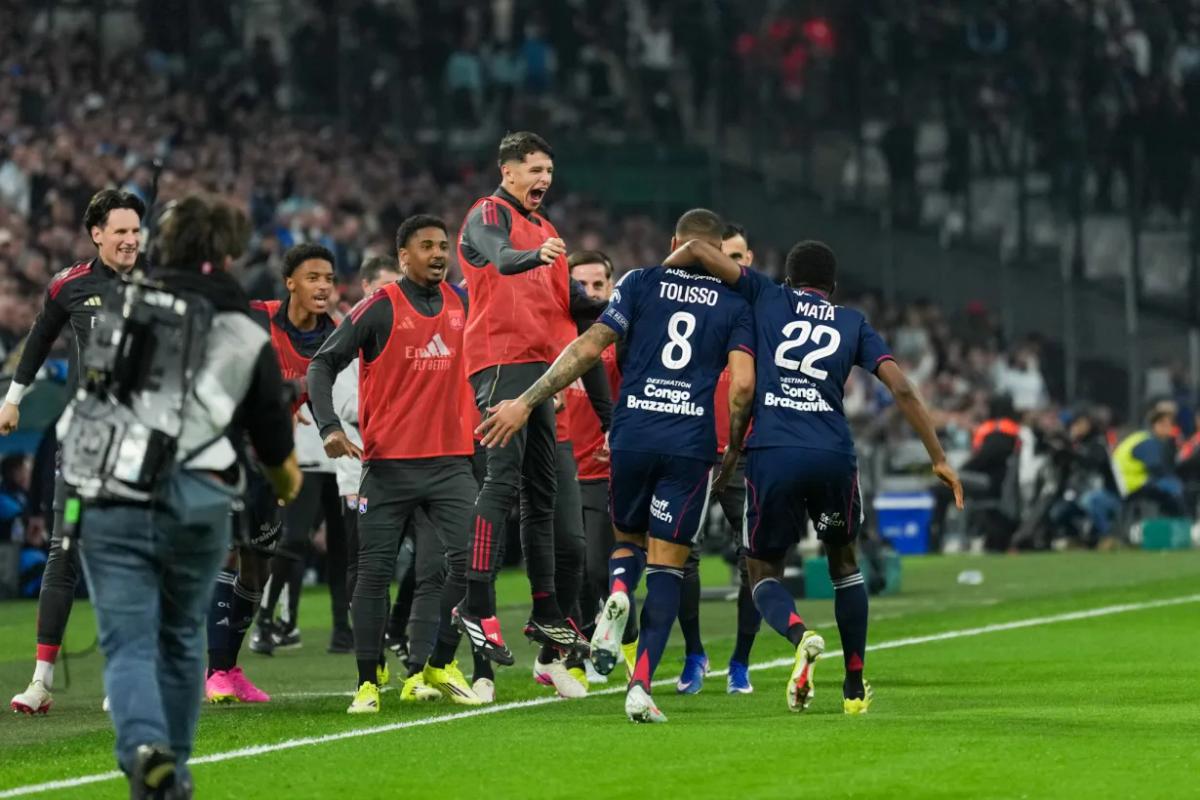 La joie des joueurs de l'OL après l'ouverture du score face à l'OM